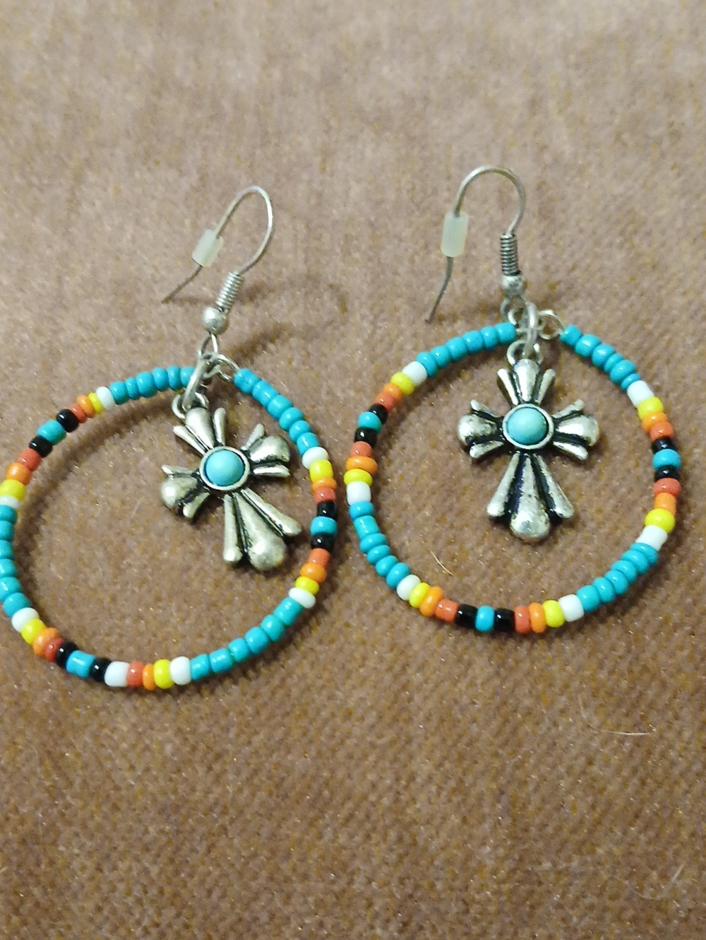 Boho Turquoise Beaded Hoop Earrings with Silver Cross Charm